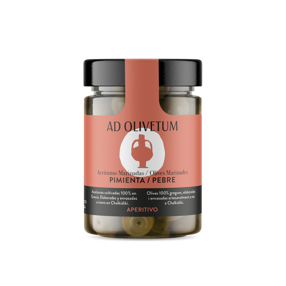 Aceitunas marinadas de Chalkidiki con pimientos ahumados 355g (muy picante)