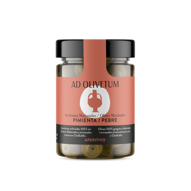 Aceitunas marinadas de Chalkidiki con pimientos ahumados 355g (muy picante)
