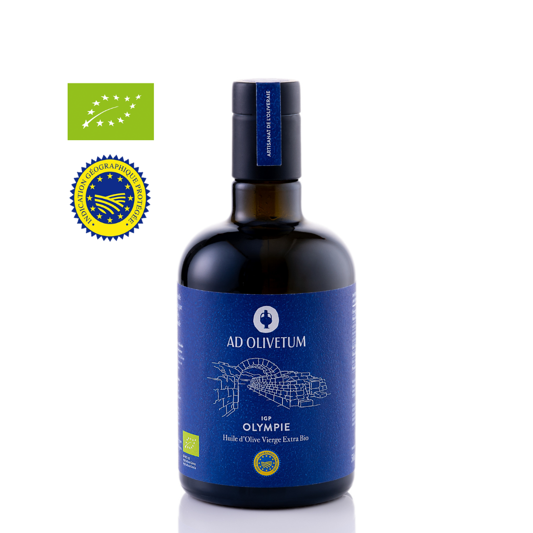 flacon bleu d'huile d'olive vierge extra OLYMPIE BIO