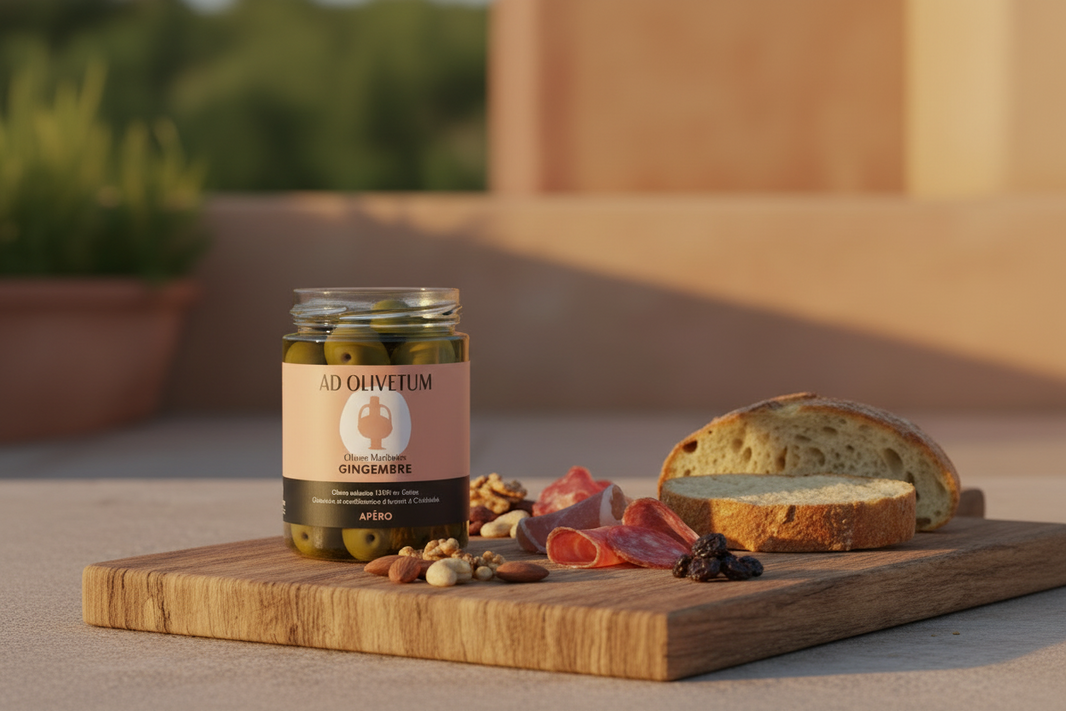 bocal d'Olives vertes dénoyautées au gingembre sur une planche d'apéro avec charcuterie et pain