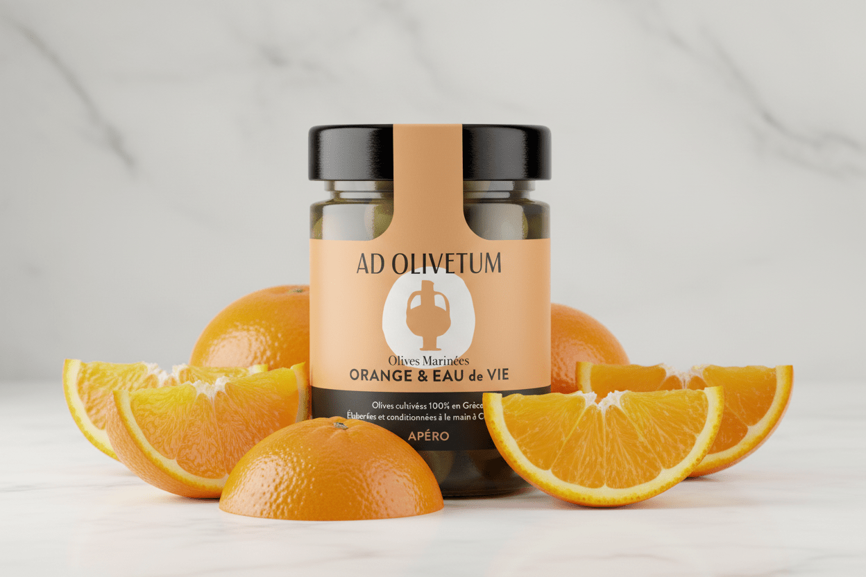 Aceitunas marinadas con naranja y brandy 355g - Ad Olivetum