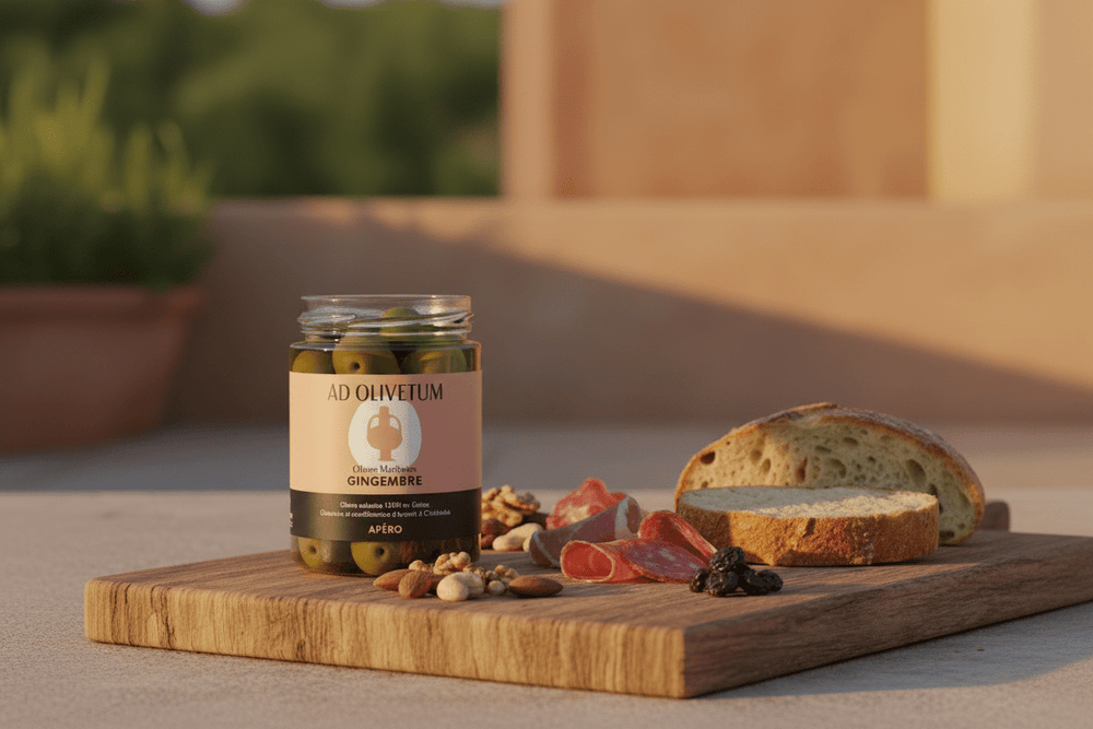 Aceitunas marinadas de Chalkidiki con jengimbre y cilantro 355g - Ad Olivetum