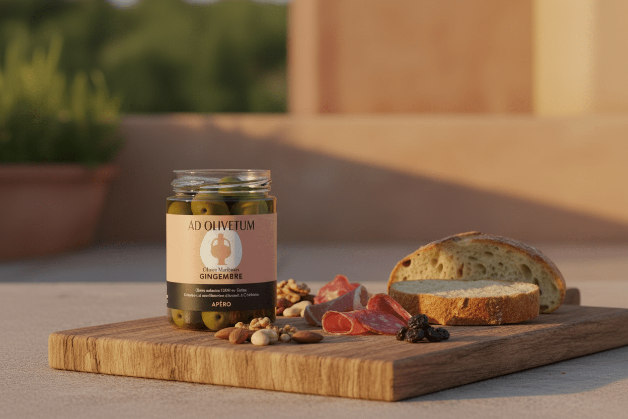 Aceitunas marinadas de Chalkidiki con jengimbre y cilantro 355g - Ad Olivetum