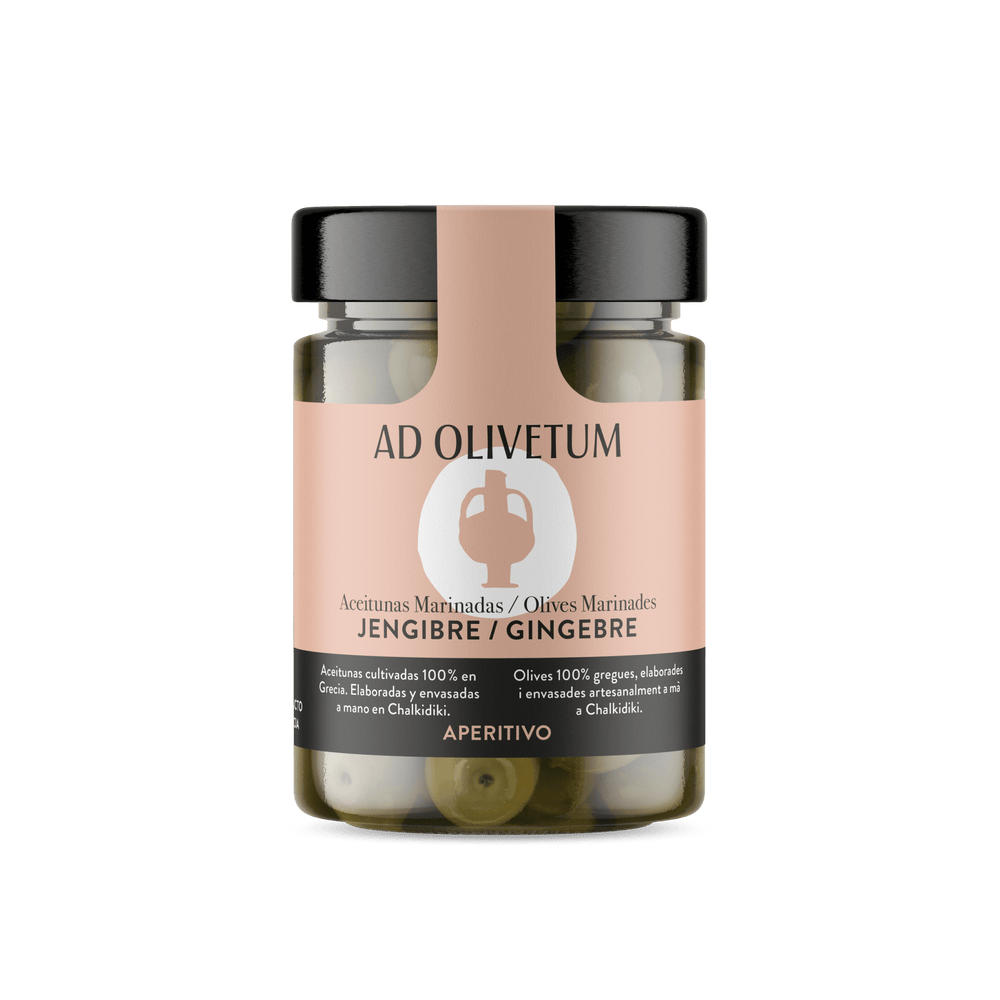 Aceitunas marinadas de Chalkidiki con jengimbre y cilantro 355g - Ad Olivetum
