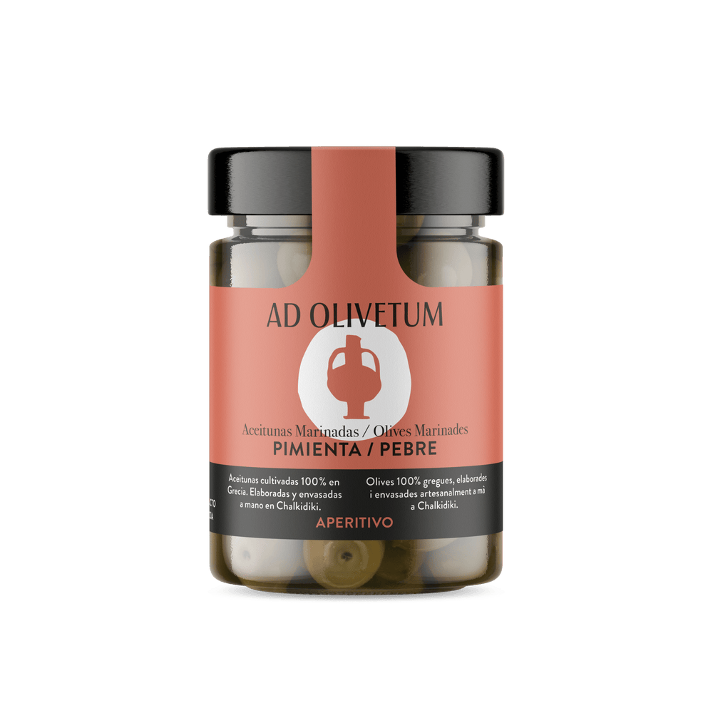 Aceitunas marinadas de Chalkidiki con pimientos ahumados 355g (muy picante) - Ad Olivetum