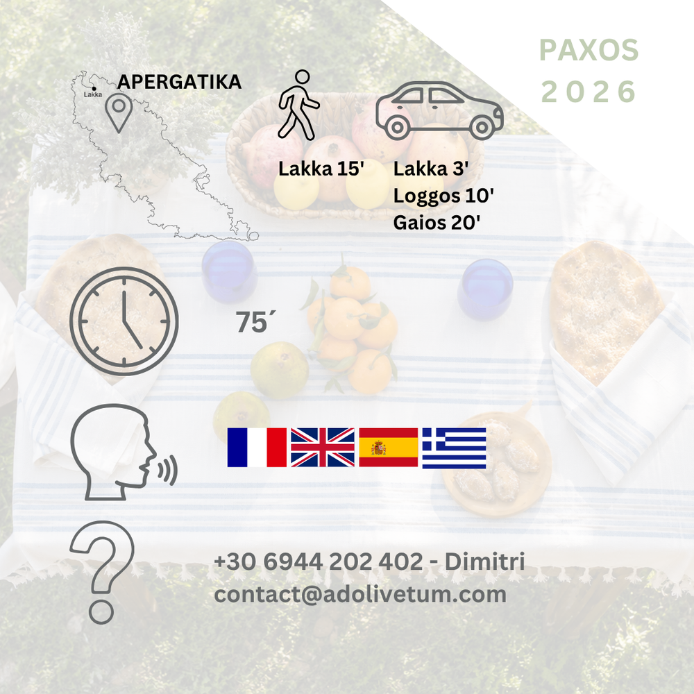 Dégustation d'huile d'olive à l'ombre des oliviers (île de Paxos, Grèce)